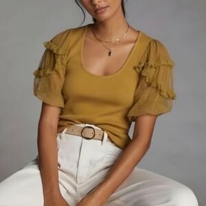 Anthro Maeve Chartreuse Mesh Puff Sleeve Top, M